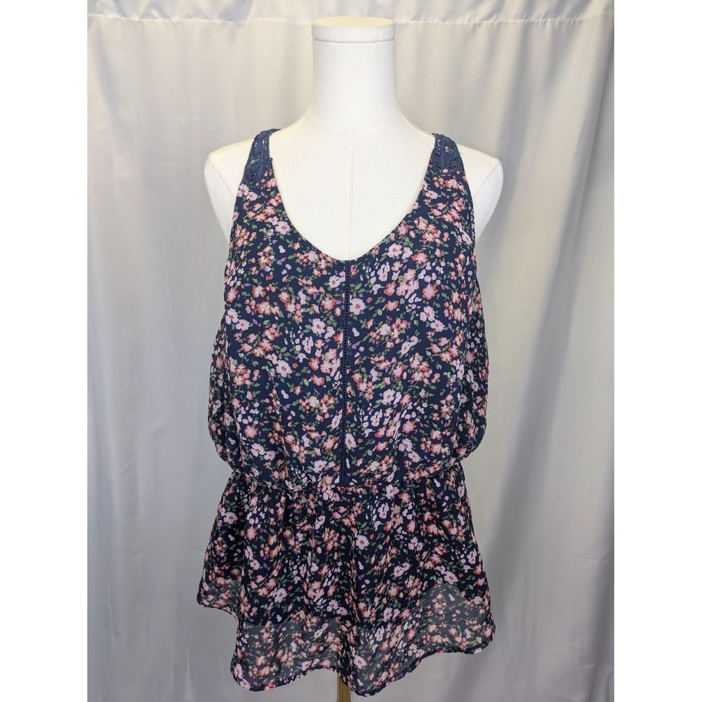 Floral Navy and Pink Sleeveless Peplum Top
